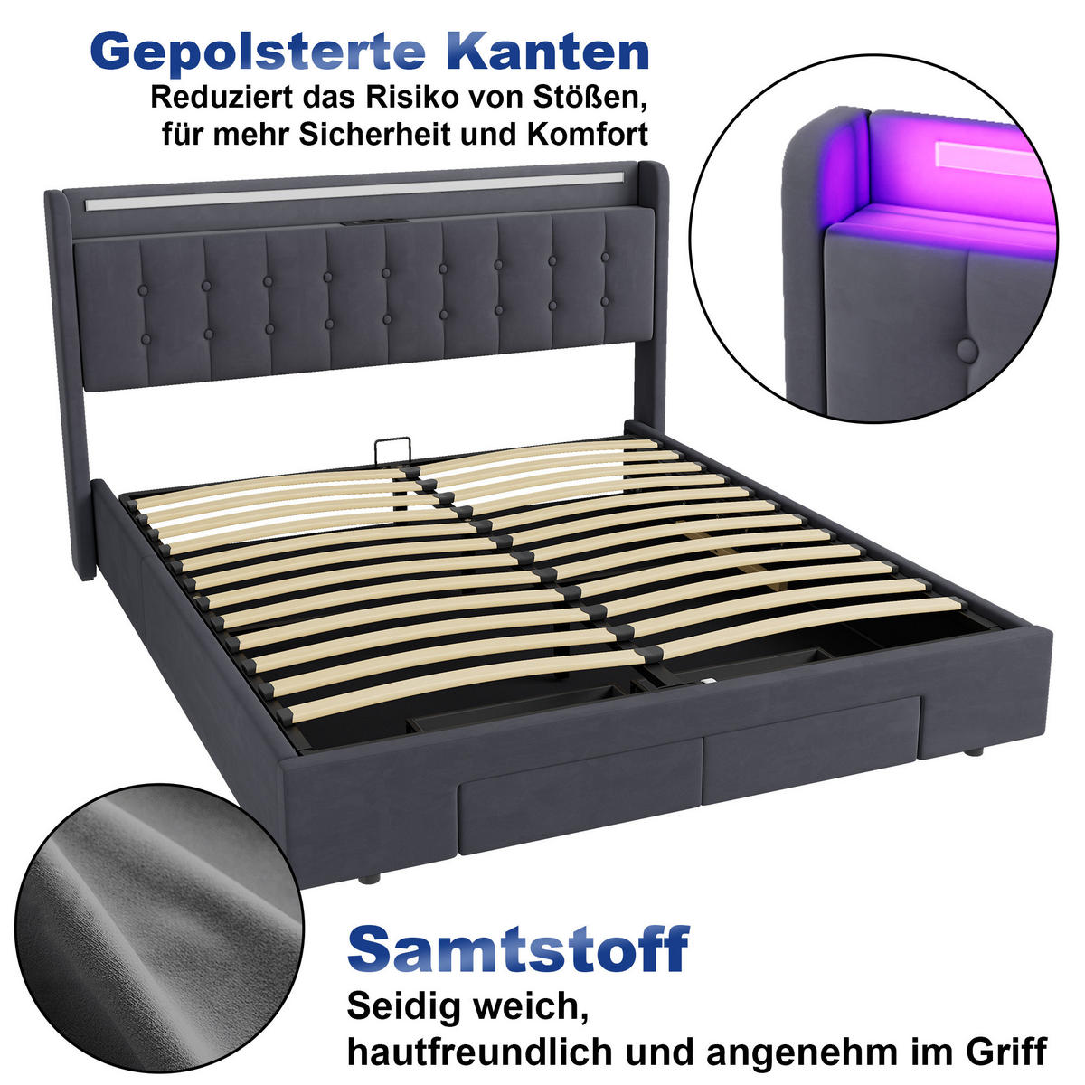 POLSTERBETT 180/200 cm in Dunkelgrau Samt mit Bettkasten, Schubladen und USB/LED-Beleuchtung - Dunkelgrau, Holzwerkstoff/Textil (180/200cm) - CHICFURN