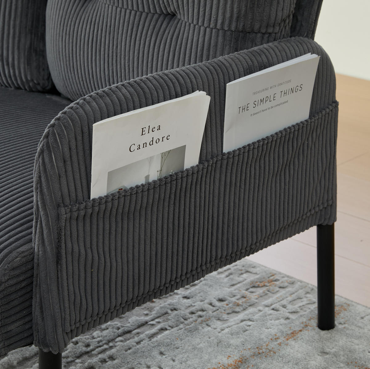 SOFA Dreisitzer mit Seitentasche 171 x 72 x 80 cm Cord Gray - Grau, Kunststoff (171/80/72cm) - Meubliv