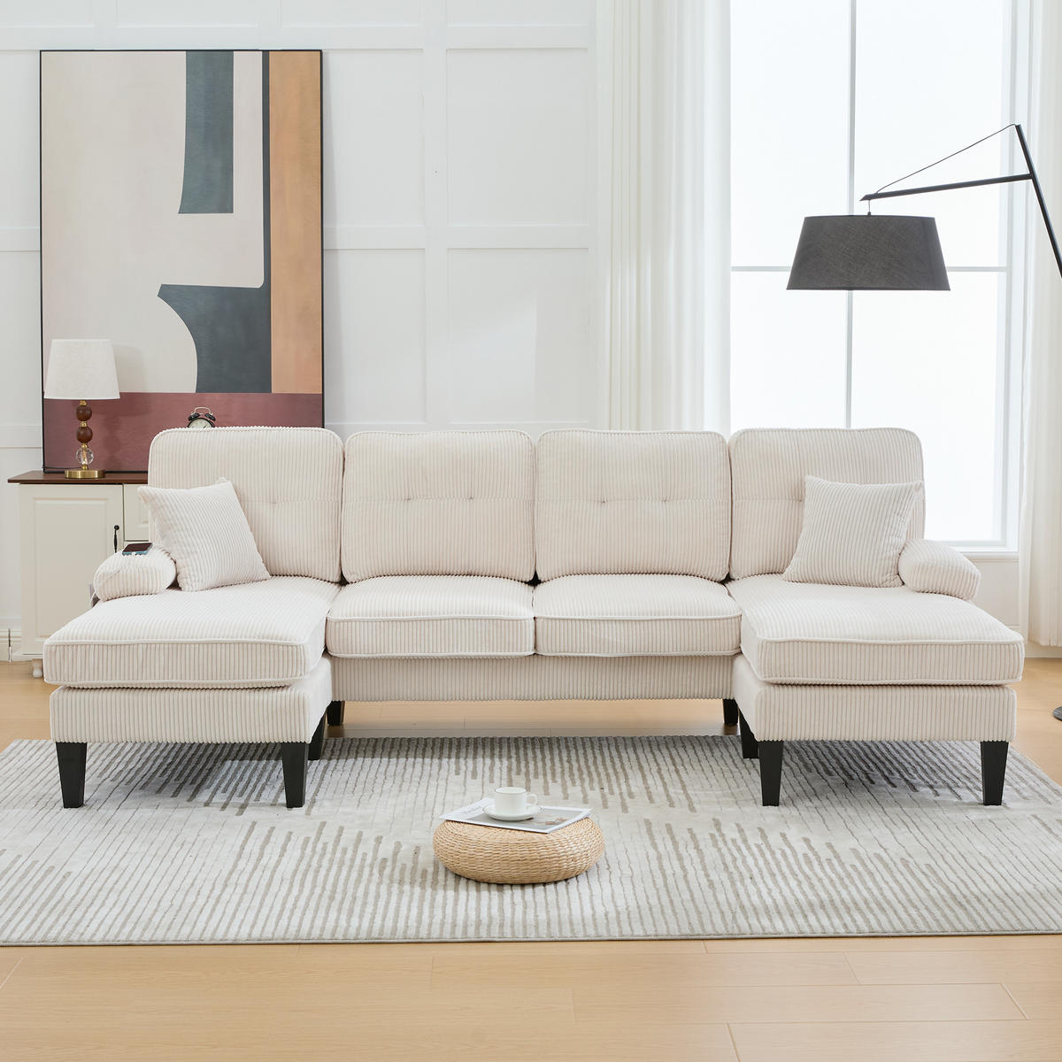WOHNLANDSCHAFT 4-Sitzer Leinen Beige mit USB, Type-C und Seitentaschen - Beige, Textil (250/88/130cm) - WISHDOR