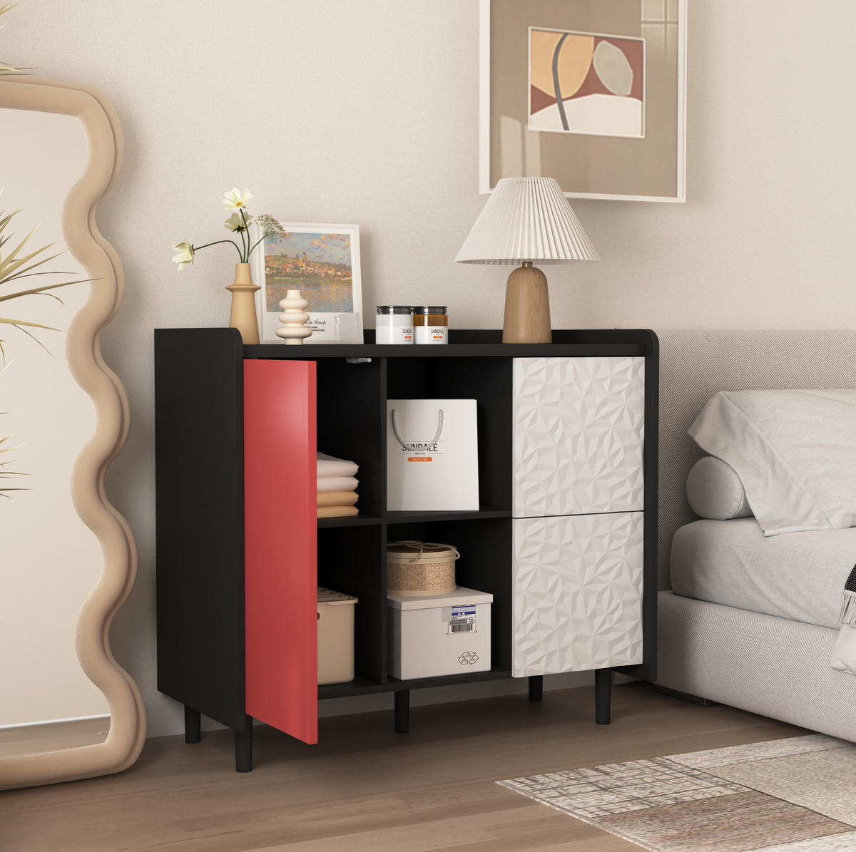 SIDEBOARD aus MDF 40x90x80 cm Schwarz/Rot mit 2 Schubladen, offenem Fach und Schranktür in modernem Design - Rot, Holzwerkstoff (90/80/40cm) - Modfu