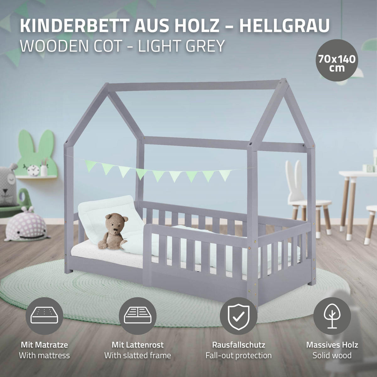 KINDERBETT mit Dach und Matratze 70x140 cm Hellgrau - Hellgrau, Holz (70/140cm) - ML-DESIGN