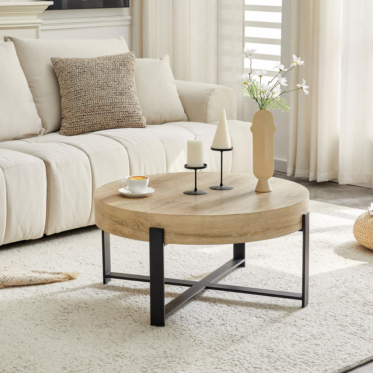 COUCHTISCH 68/36 cm Schwarz aus MDF und Metall mit Kreuzgestell - Schwarz, Holzwerkstoff (68/68/36cm) - OKMYHOME