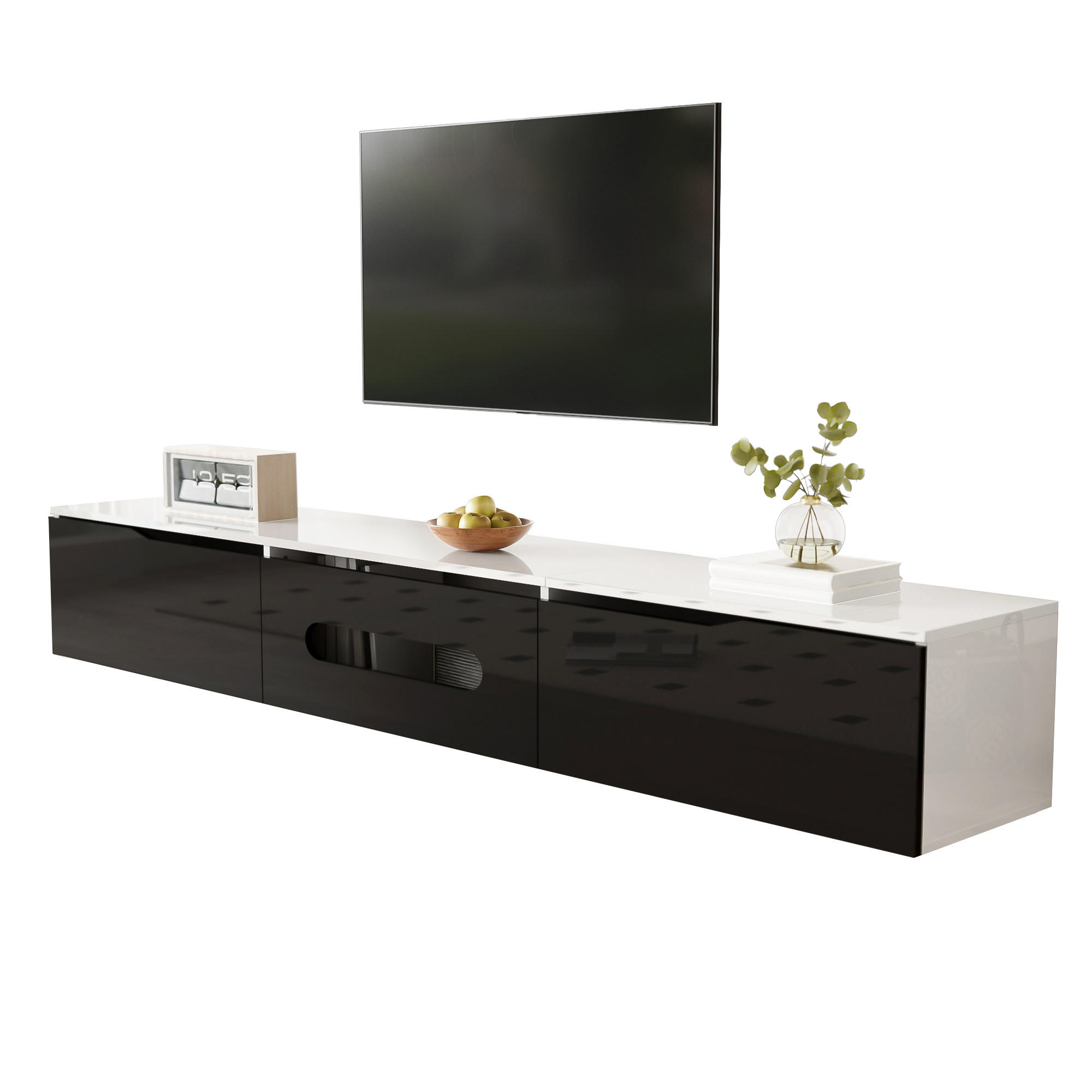 LOWBOARD in Schwarz und Weiß TV Schrank mit 16-Farben LED-Beleuchtung, wandmontierbar, B180/T35/H30cm - Schwarz/Weiß, Holzwerkstoff (180/30/35cm) - STILVORA