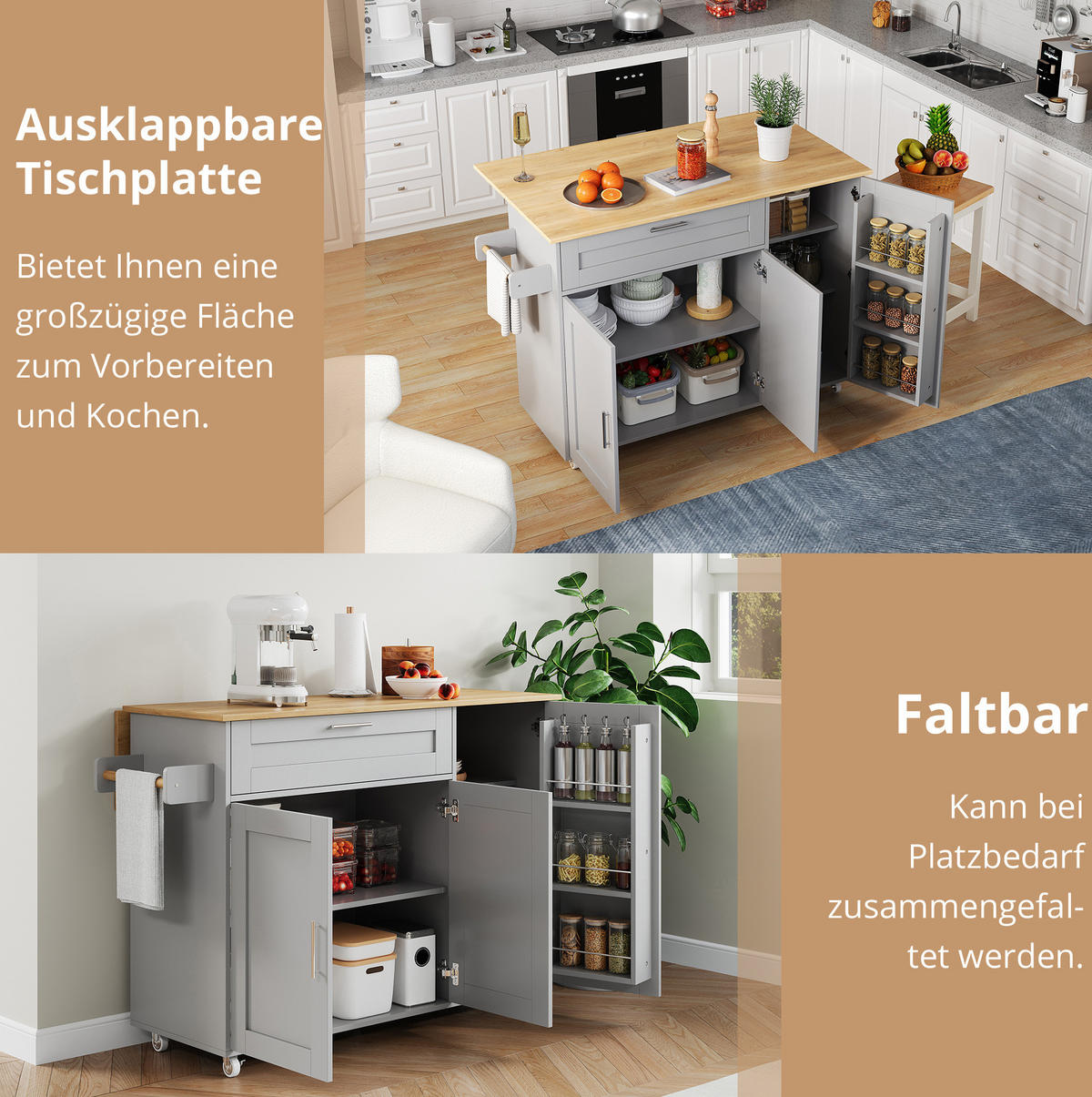 KÜCHENINSEL 132,5/44(70)/90 cm grau mit klappbarer Arbeitsplatte - Grau, Holzwerkstoff (132.5/90/70cm) - OKWISH