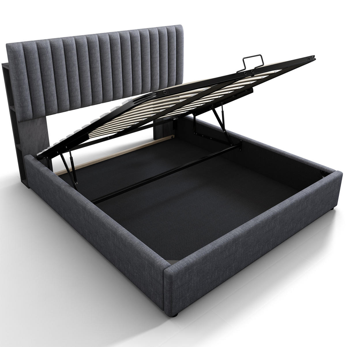 POLSTERBETT aus Leinen 160x200 cm Grau mit Matratze, LED-Kopfteil, USB-C und Stauraum - Grau, Textil (160/200cm) - IVMEU