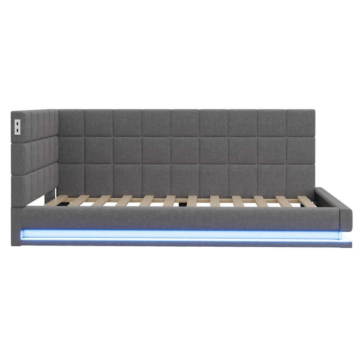 POLSTERBETT 90/200 cm mit LED-Beleuchtung, USB-Anschluss und Lattenrost aus Leinen, Grau - Grau, Textil (90/200cm) - Redom