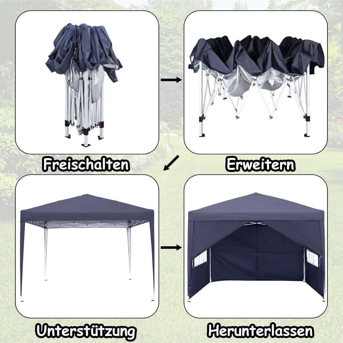FALTPAVILLON 3 x 3 m mit Seitenteilen und Fenstern Anthrazit - Anthrazit, Textil (300/260/300cm)