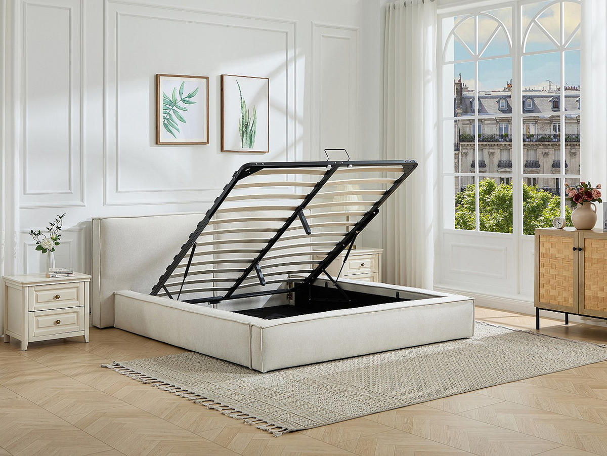 BETT mit Bettkasten - 2 Personen - Stoff - Beige - - Beige, Textil (160/200cm) - Vente-Unique