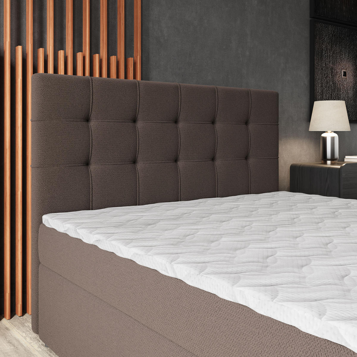 BOXBETT PALMA 140x200 cm mit Matratze und Topper, H2+H3 - Braun - Braun, Holz (140/200cm) - MASSENO