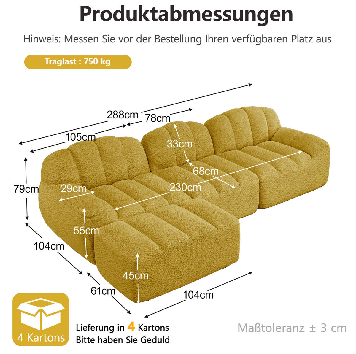 SOFA 288/165/79 cm in Gelb aus Granuliertem Fleece mit Ottoman - Gelb, Textil (165/79/288cm) - Flora Grace