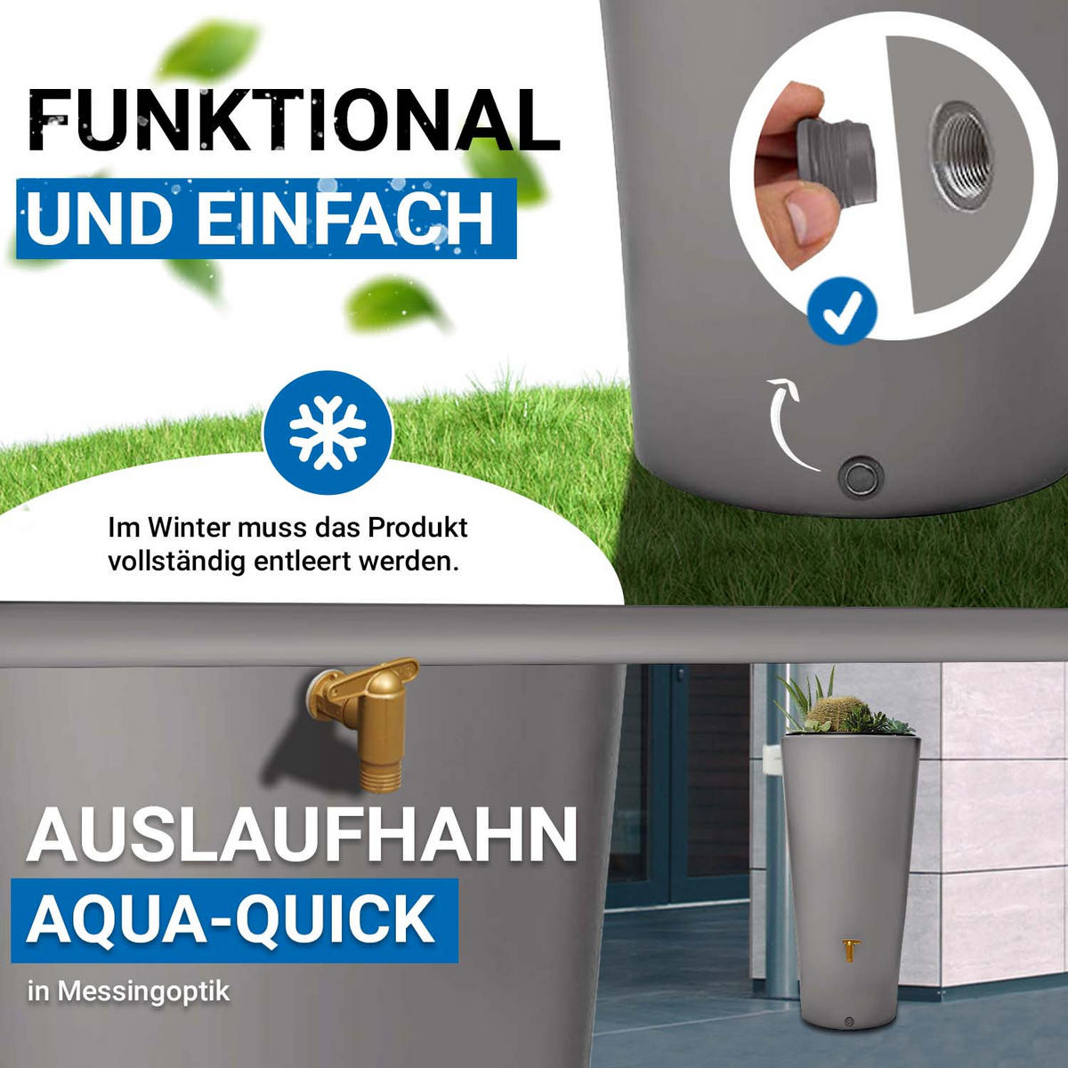 2IN1 Regentonnen Komplett-Set 220 L zinkgrau inkl. Kunststoff-Auslaufhahn und Fallrohranschluss - Hellgrau, Kunststoff (58/120/58cm) - 4rain