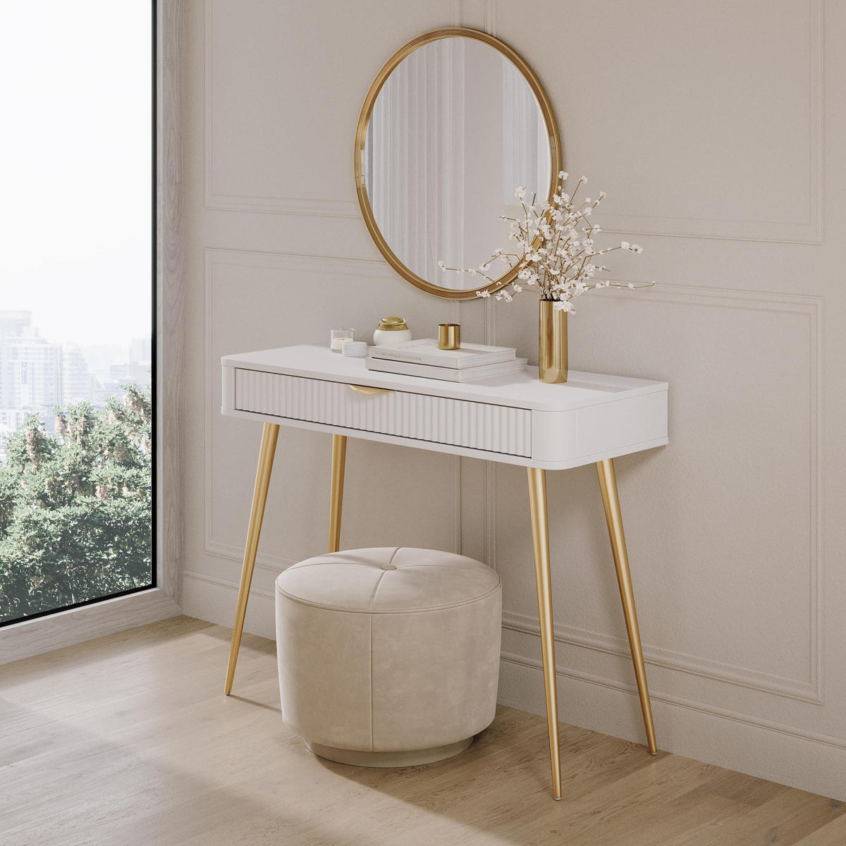 KONSOLENTISCH Vespasia 1S Beige 100,2/78/38 cm – Geriffelte Fronten - Goldfarben/Weiß, Holzwerkstoff/Metall (38/100.2/78cm) - AX Living