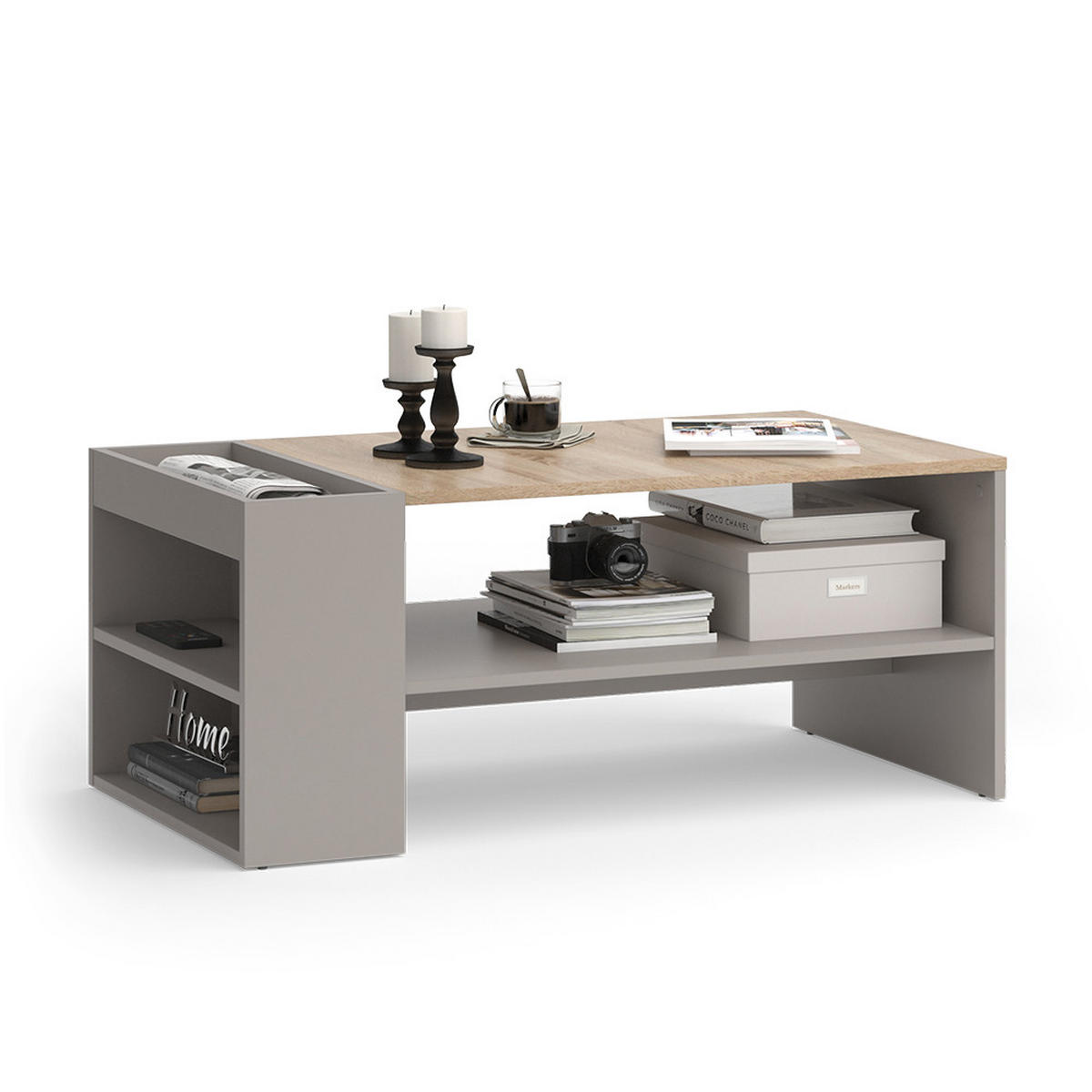 COUCHTISCH Wido Greige 100 x 55 cm mit Regalen - Greige/Sonoma Eiche, Holzwerkstoff (55/100/42cm) - Vicco