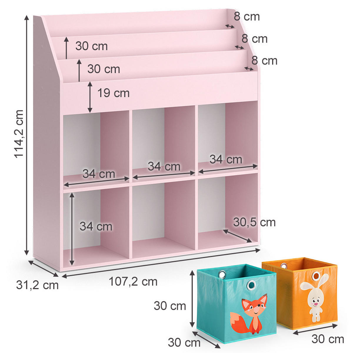 KINDERREGAL Luigi Rosa 107.2 x 114.2 cm mit 6 Faltboxen (bunt) - Pink, Holzwerkstoff (107.2/114.2/31.2cm) - Vicco