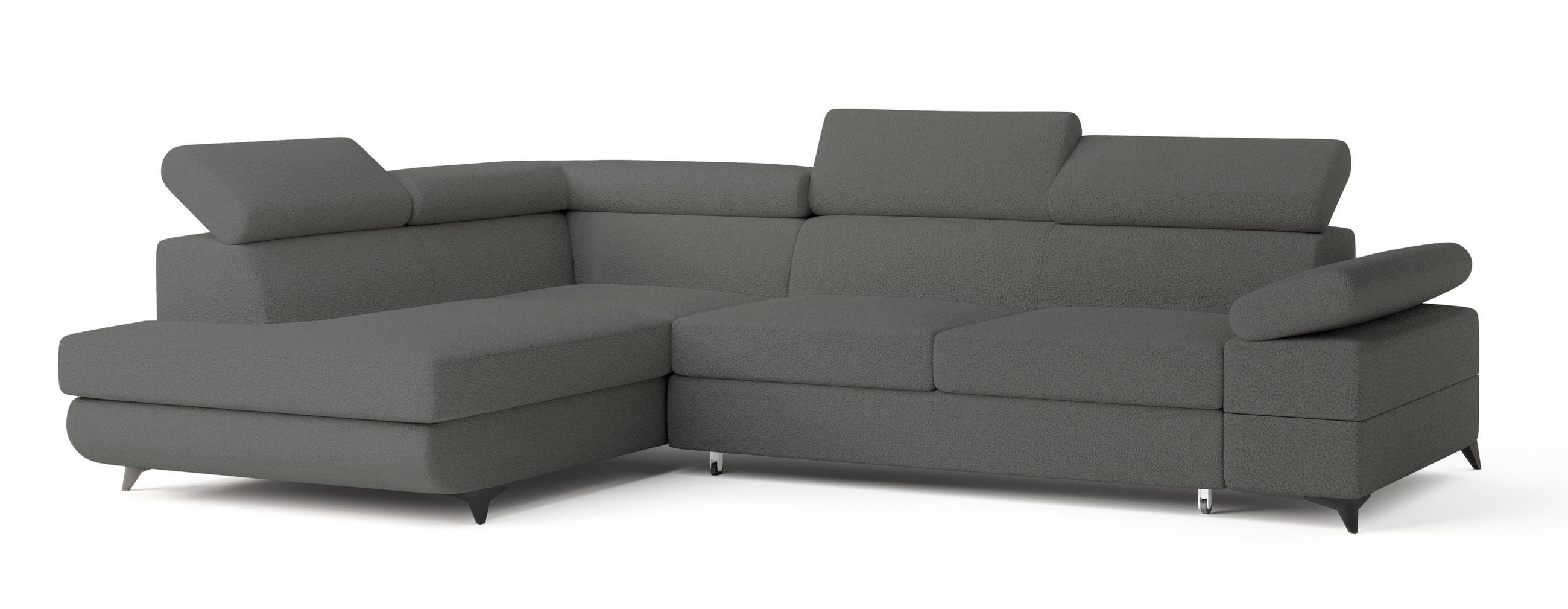 ECKSOFA FAVIEN L-S Grau Boucle-Stoff mit Schlaffunktion - Grau, Holz (257/190cm) - MASSENO