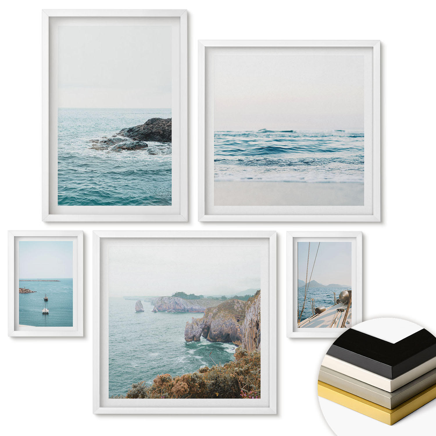 WANDBILDER 5er-Set - 50x50 cm & 20x30 cm & 40x60 cm Weißer Rahmen - Küstenlandschaftsblick - Weiß, Kunststoff (40/60cm) - ArtPrintCave