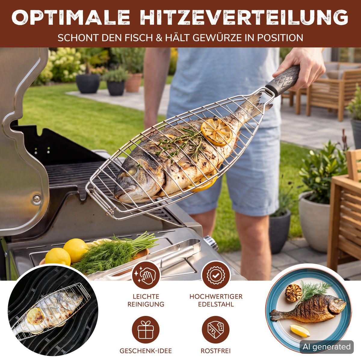 FISCH-GRILLHALTER, schwarz - Edelstahlfarben, Metall (10/54.5/2.5cm) - bremermann