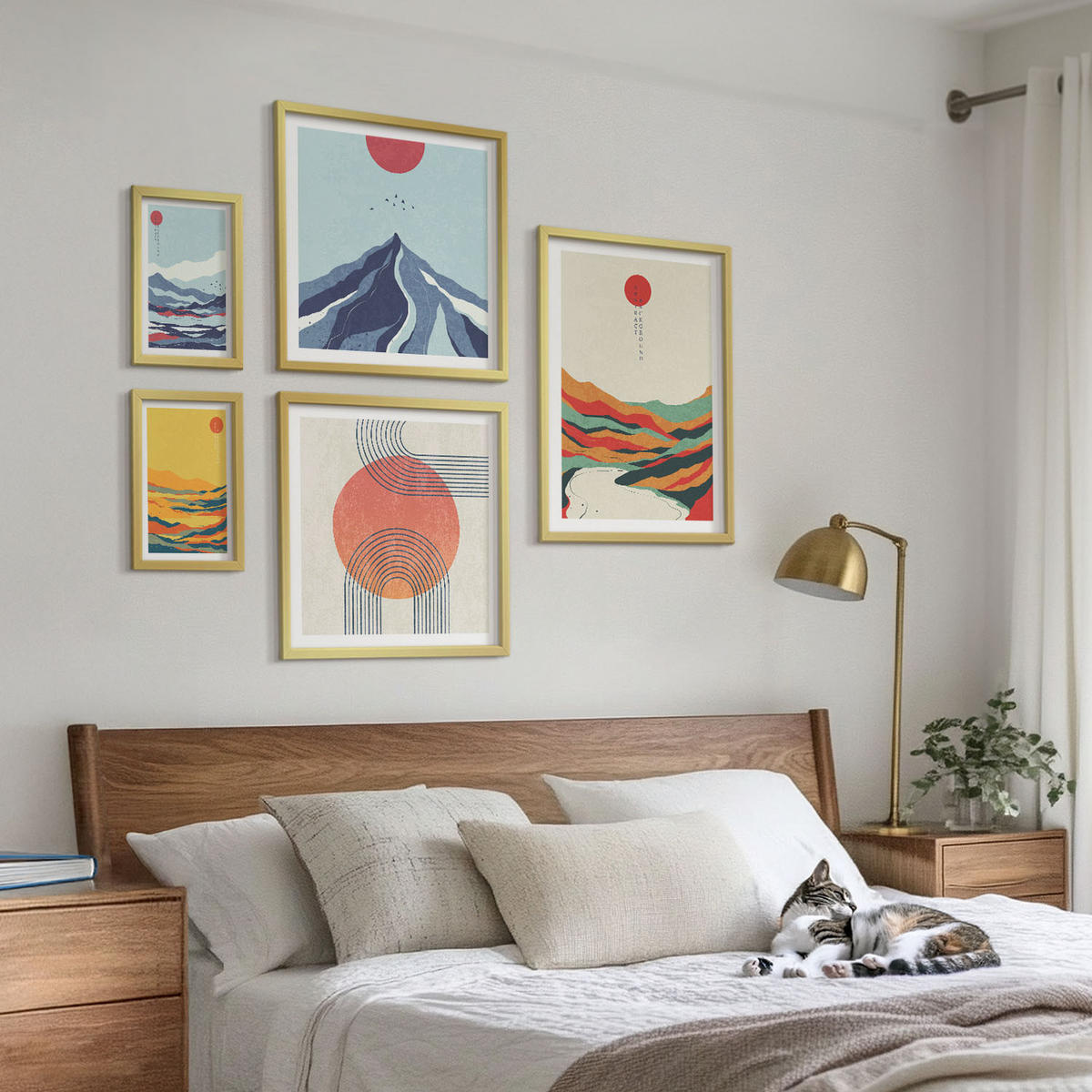 BILDER SET 5er Set - 50x50 cm & 20x30 cm & 40x60 cm Goldrahmen - Pastellfarbene Berge im Japandi-Stil - Goldfarben, Kunststoff (40/60cm) - TULUP
