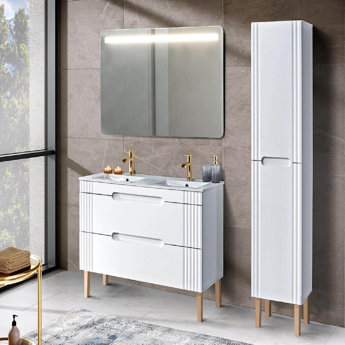 BADMÖBEL-SET 8Teile - Fiji White F BM22 in Weiß/Evoke Oak - Weiß, Holz (120/166/46cm)