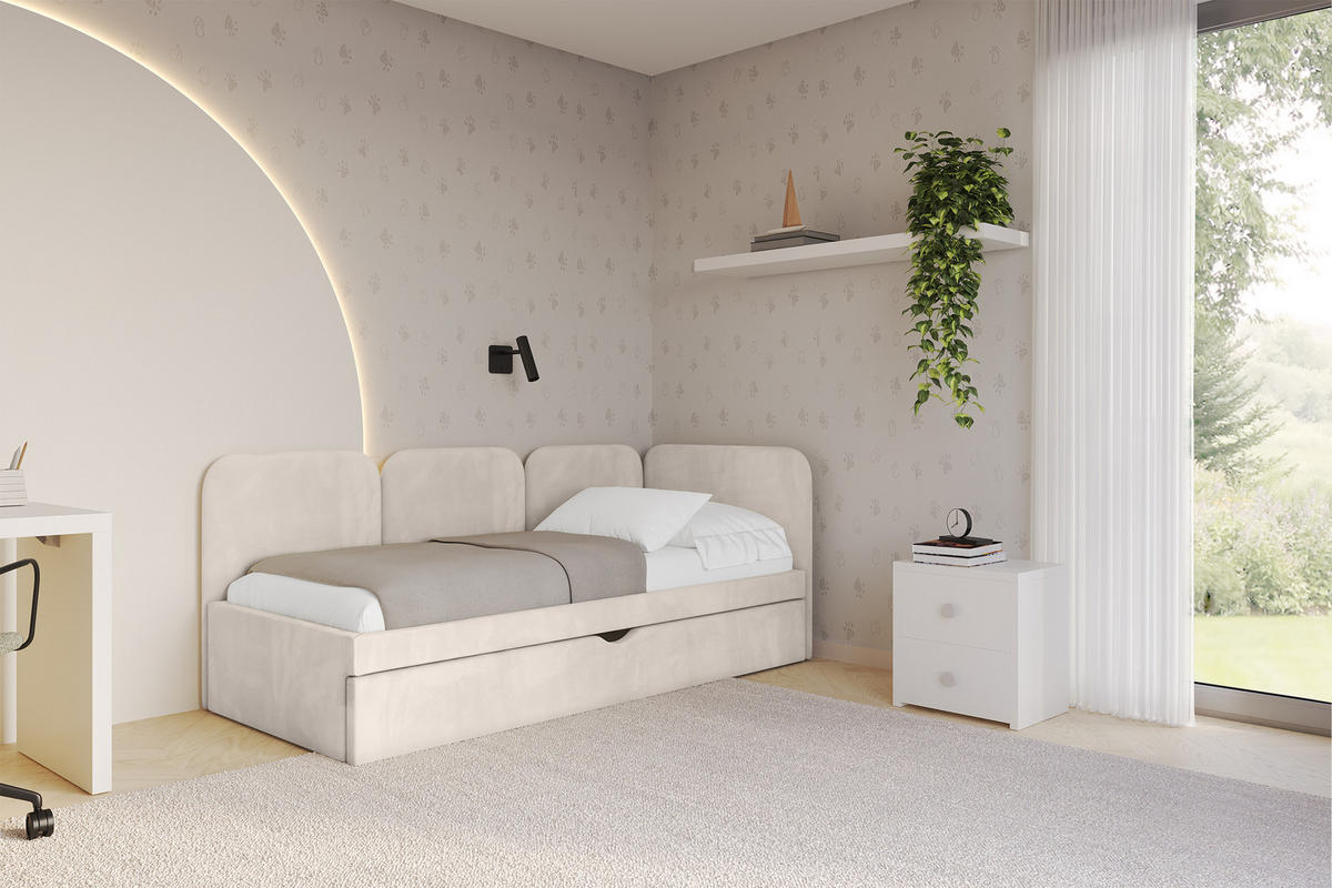 EINZELLBETT Jugendbett mit Bettkasten und Matratze H3/H4, Links - ALVY 100x200 Beige - Ecru, Holzwerkstoff/Textil (100/200cm) - ALTDECOR