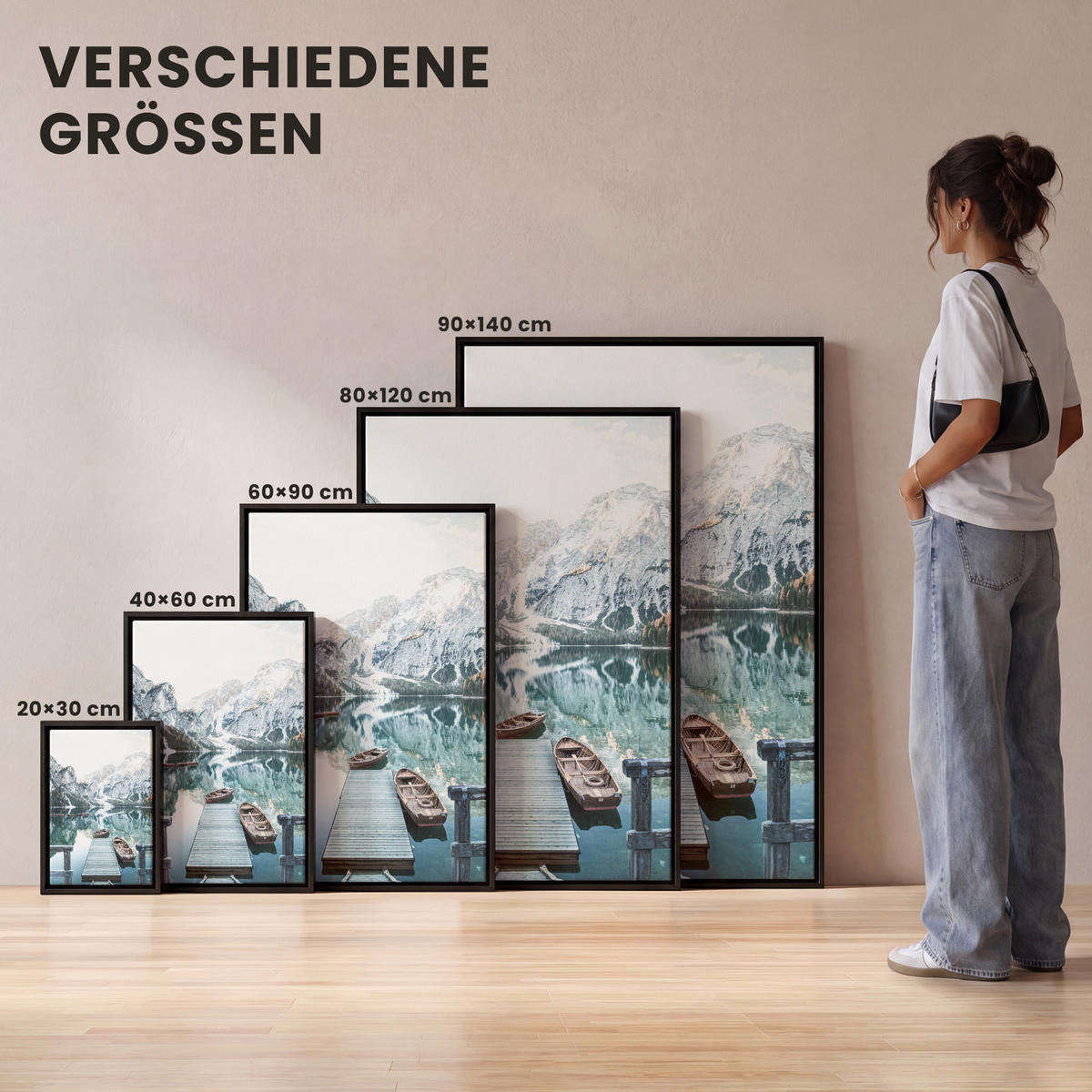 LEINWAND Bilder mit Rahmen - Natur - Berge - Schnee - Wald - Boot - 40x60 - Hellgrün, Textil (40/60cm) - MuchoWow