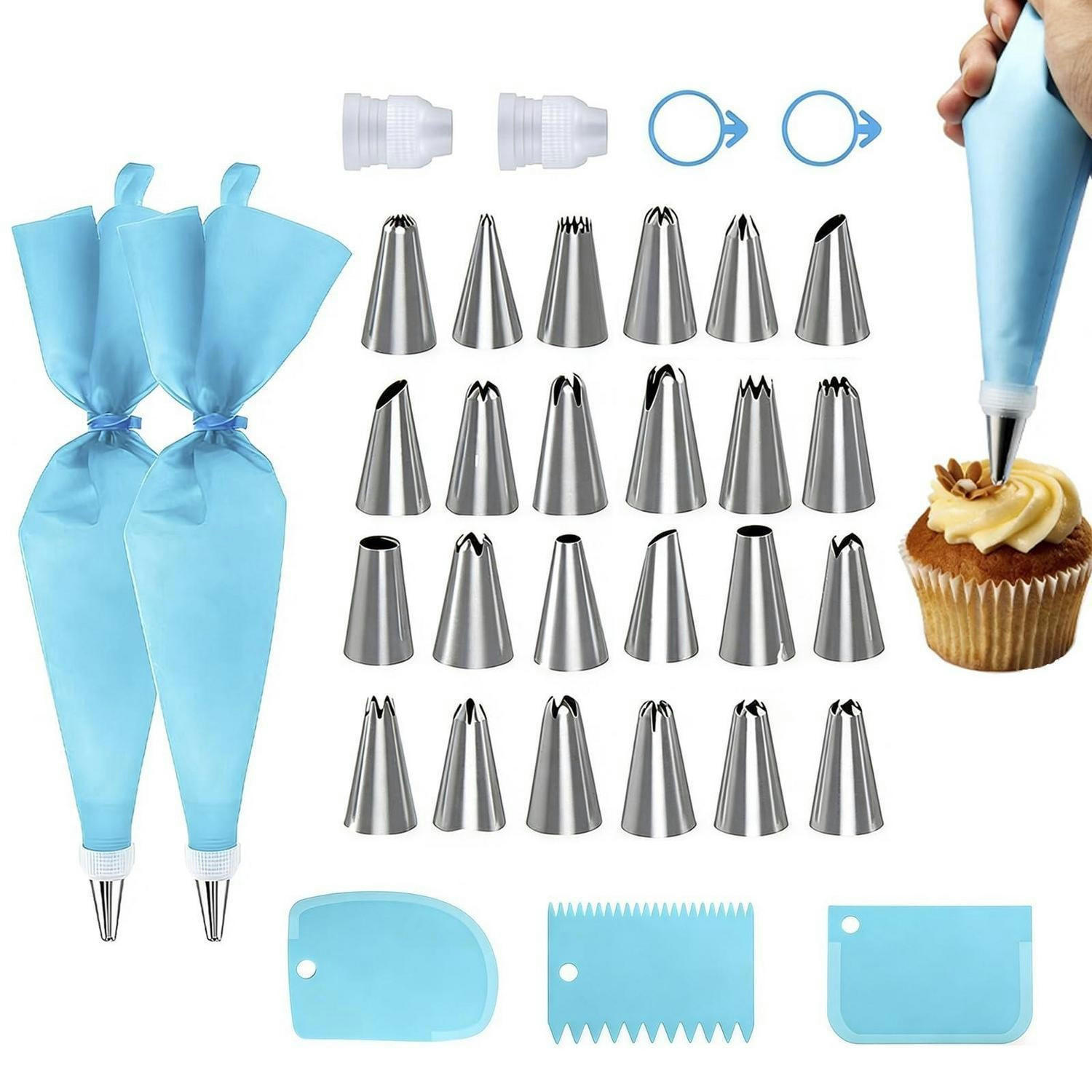 SPRITZBEUTEL Set 33-teilig mit Edelstahltüllen - Blau, Kunststoff (17/1/30cm)