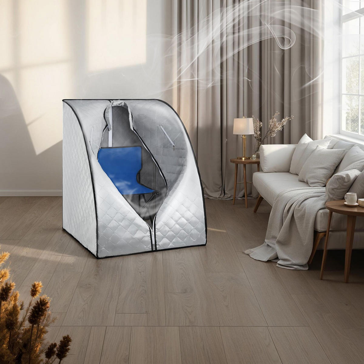 MOBILE DAMPFSAUNA Thermaluxe Ii,inkl. Fernbedienung, Matte, Klappstuhl und Tragetasche,grau/blau - Blau/Grau, Kunststoff (78/100/90cm) - tectake