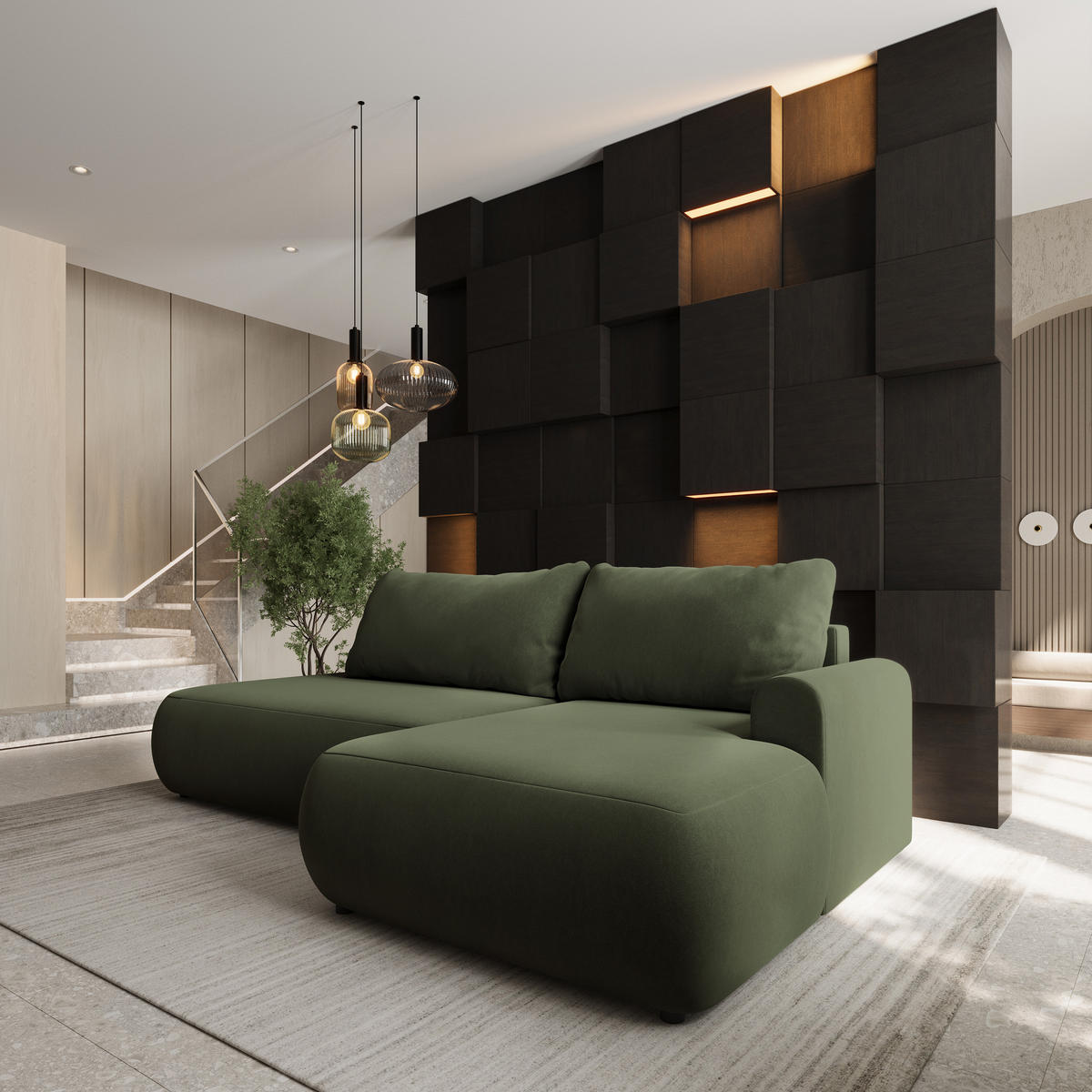 ECKSOFA NUVIRA CL R-S Olivgrün Samtstoff mit Schlaffunktion - Olivgrün, Holzwerkstoff/Textil (279/158cm) - MASSENO