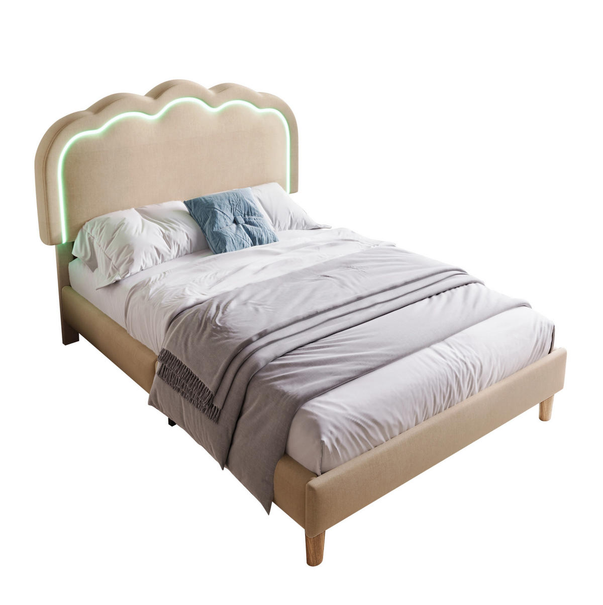 POLSTERBETT 90/190 cm Beige aus Leinen mit LED-Kopfteil - Beige, Textil (90/200cm) - OKMYHOME