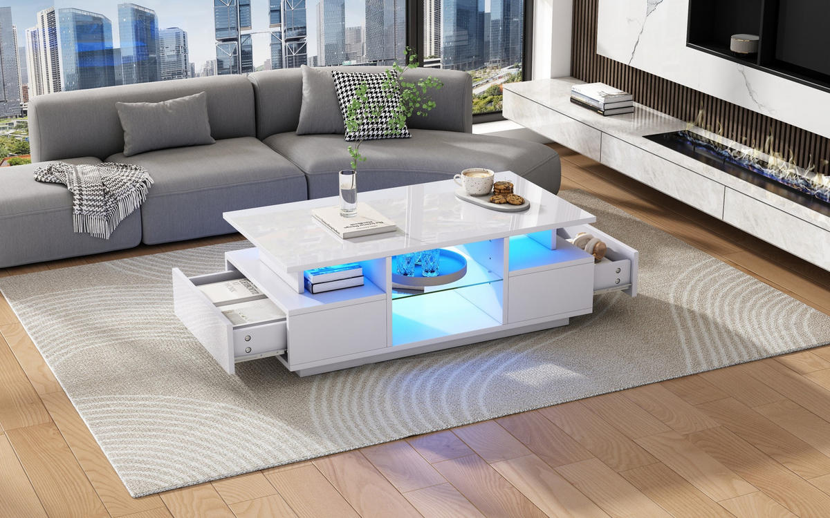 COUCHTISCH 100/50/36 cm Weiß aus Spanplatte mit 2 Schubladen und LED-Beleuchtung - Weiß, Holzwerkstoff (100/50/36cm) - OKMYHOME
