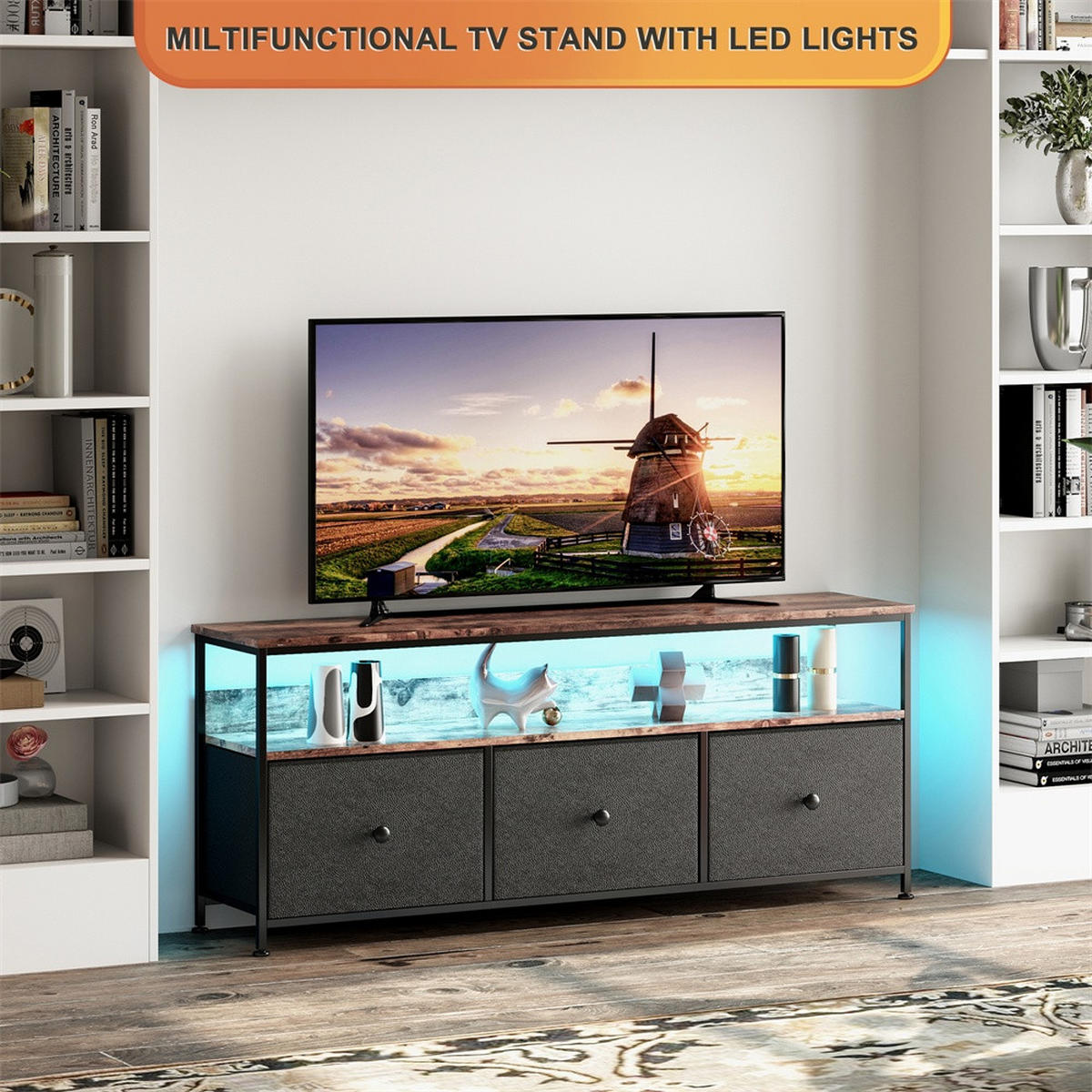 TV-LOWBOARD 137x29.8x57 cm - TV-Schrank mit LED-Beleuchtung und Stoffschubladen - Holz-Natur und Schwarz - Schwarz, Holzwerkstoff (29.8/57/137cm) - DELFA
