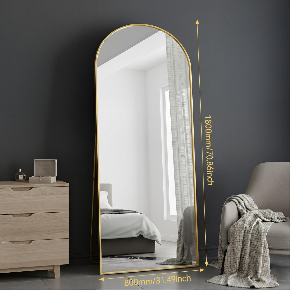 GANZKÖRPERSPIEGEL Bogen-Design mit U-Standfuß & Aluminiumrahmen 180/80 cm Gold - Goldfarben, Glas/Metall (80/180/3cm) - Creahappy
