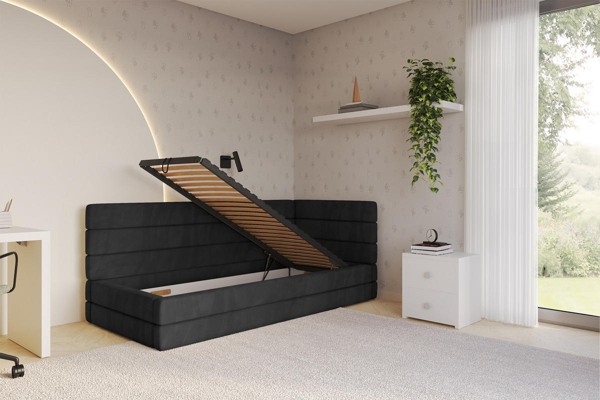 EINZELLBETT Jugendbett mit Bettkasten, Links - BEMY 90x200 Schwarz - Schwarz, Holzwerkstoff/Textil (90/200cm) - ALTDECOR