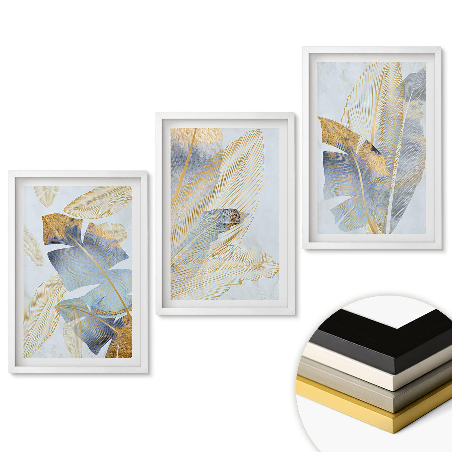 WANDBILDER 3er-Set - 40x60 cm Weißer Rahmen - Hellblau-beige Blätter - Weiß, Kunststoff (40/60cm) - ArtPrintCave