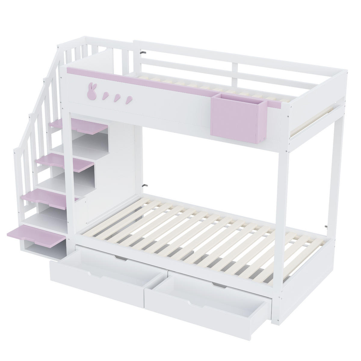 ETAGENBETT 90/200 cm mit Kaninchen und Karottenmotiven und abnehmbarem Ablagefach - Weiß, Holz (90/200cm) - OKWISH