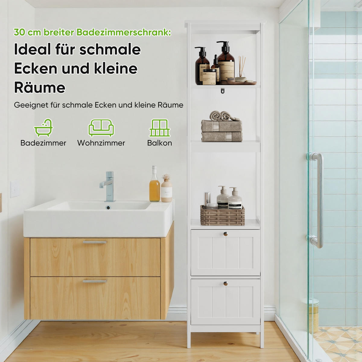 HOCHSCHRANK 40x30x160 cm Weiß aus Spanplatte mit 2 Schubladen & 3 offenen Regalen - Weiß, Holzwerkstoff (40/160/30cm) - Modfu