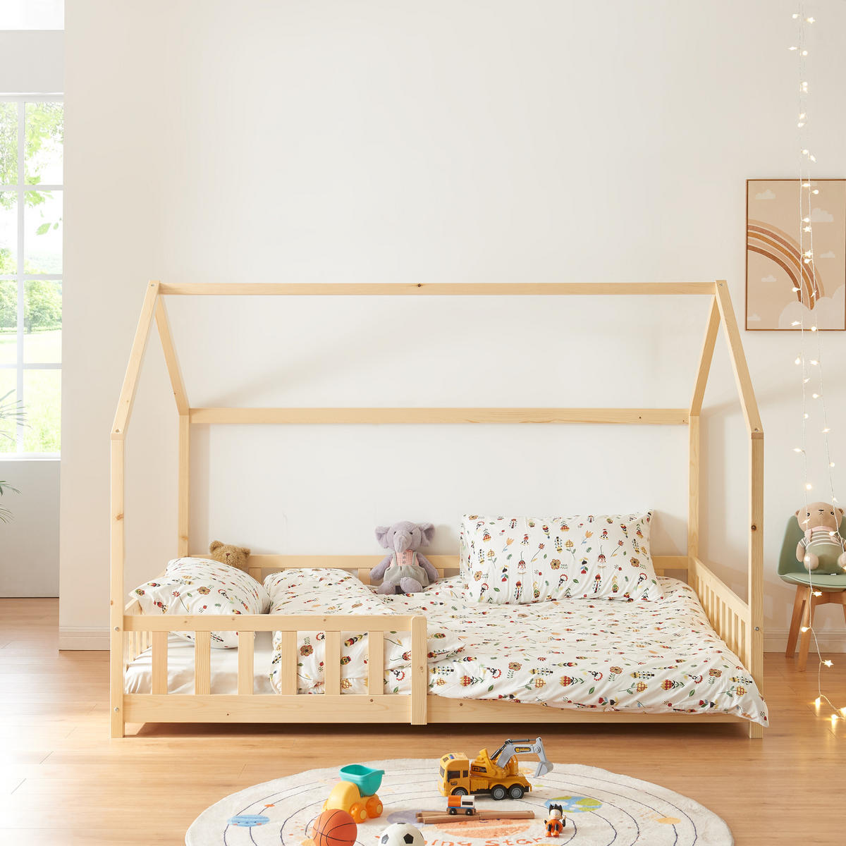 HAUSBETT Hesel mit Matratze - Naturfarben, Holz/Textil (120/200cm) - [en.casa]