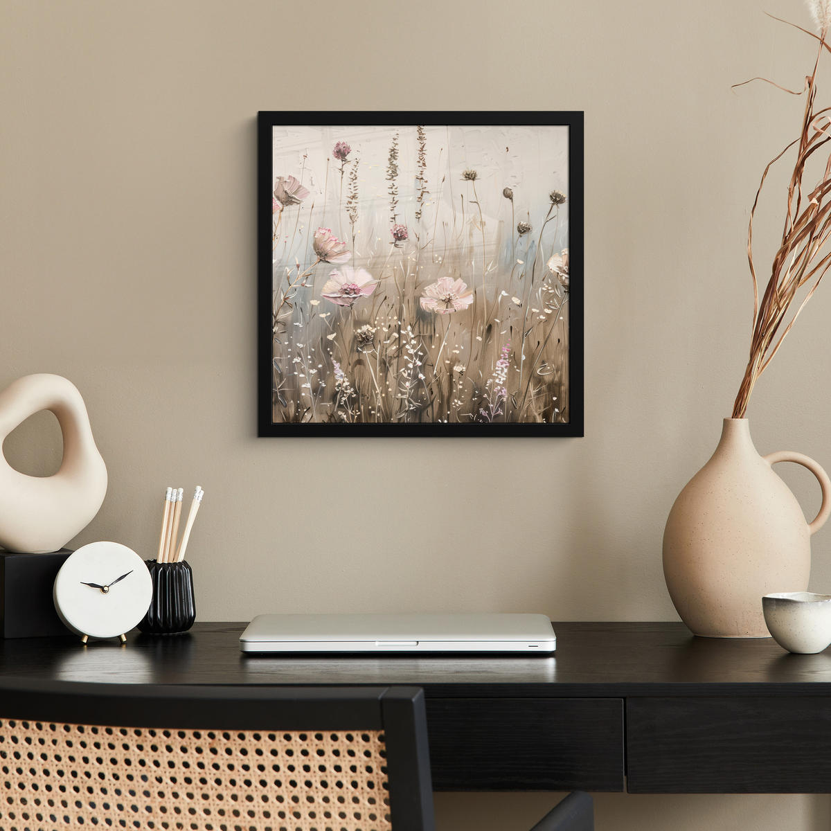POSTER MIT RAHMEN Blumen - Rosa - Modern - Beige 40x40 cm - Beige, Papier (40/40cm) - MuchoWow