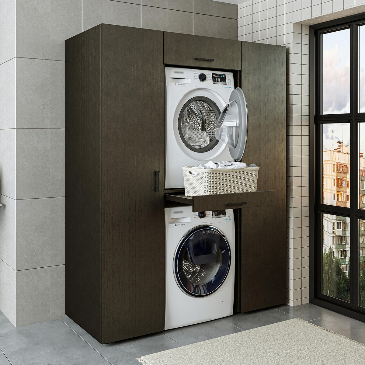 WASCHMASCHINENSCHRANK DUO-I 157cm Breit, 205cm Hoch - Schwarz, Holzwerkstoff (157/205/67cm)