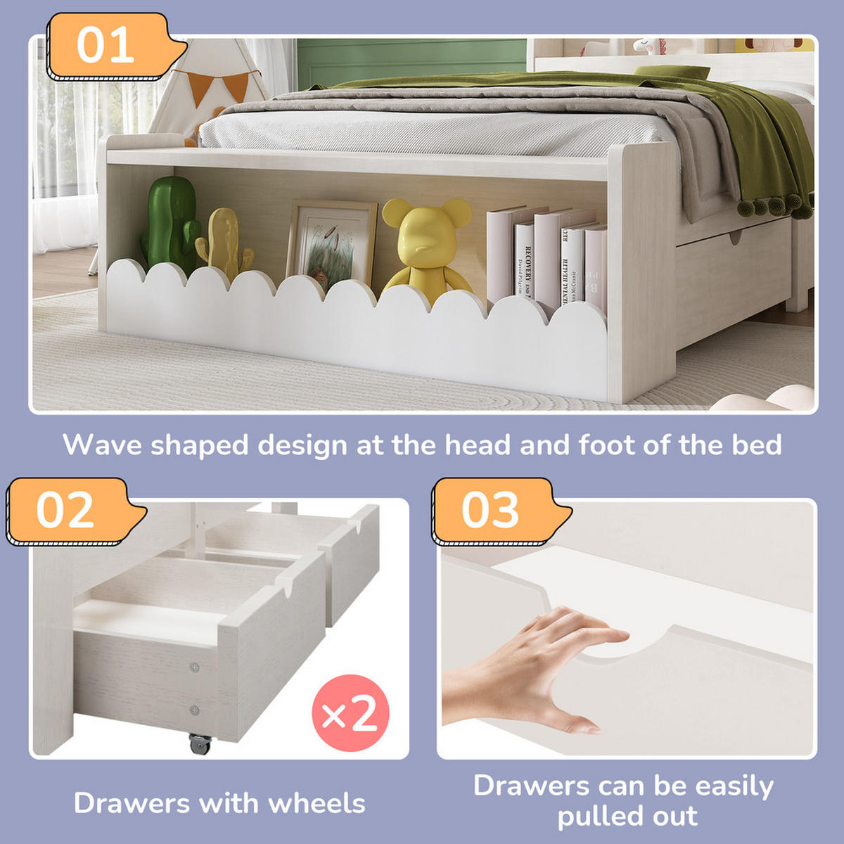 KINDERBETT 90x200cm Stauraumbett mit Schubladen Regal & Sitzbank Weiß-Eiche - Weiß, Holz - FLIEKS