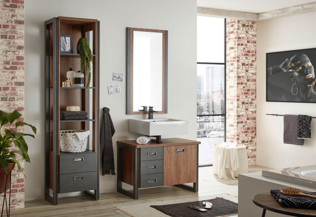 BADMÖBEL-SET 3-teilig Eiche Stirling, Matera grau, Badkombination 140 x 205 cm - Eichefarben/Grau, Holzwerkstoff (140/205/40cm)