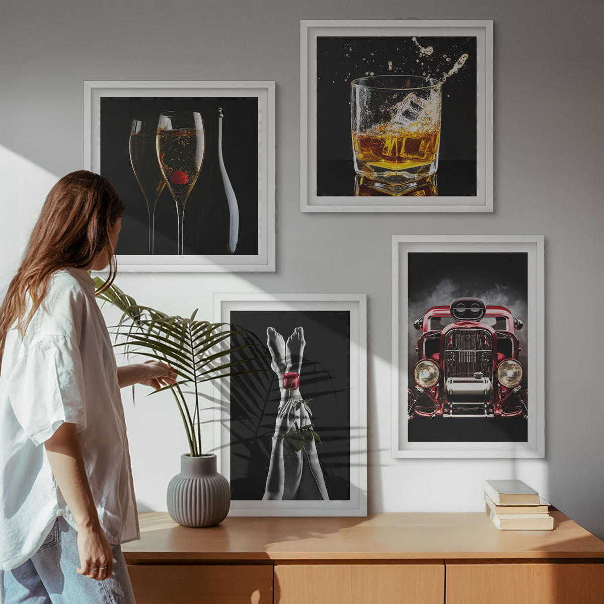 BILDER SET 4er Set - 50x50 cm & 40x60 cm Weißer Rahmen - Frauenbeine Rosenwagen Wein - Weiß, Kunststoff (50/50cm) - TULUP