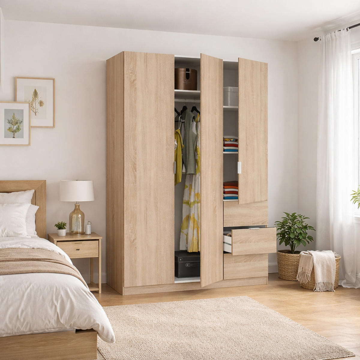 KLEIDERSCHRANK 3 TÜREN Eiche 52/135/200 cm - Braun, Holzwerkstoff (135/200/52cm) - DMORA
