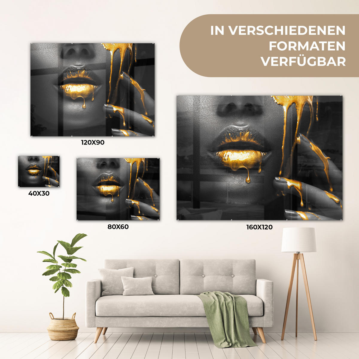 ACRYLGLASBILD Frau - Schwarz - Gold - Gesicht - Lippen 80x60 cm - Goldfarben, Glas (80/60cm) - MuchoWow