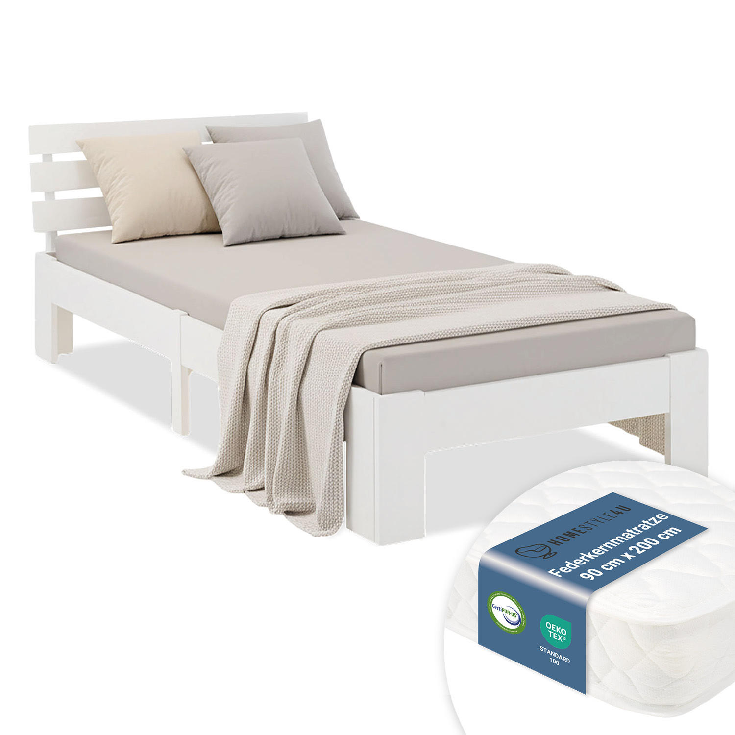 HOLZBETT Weiß 90/200 cm Jugendbett mit Federkernmatratze - Weiß, Holz (90/200cm) - Homestyle4u