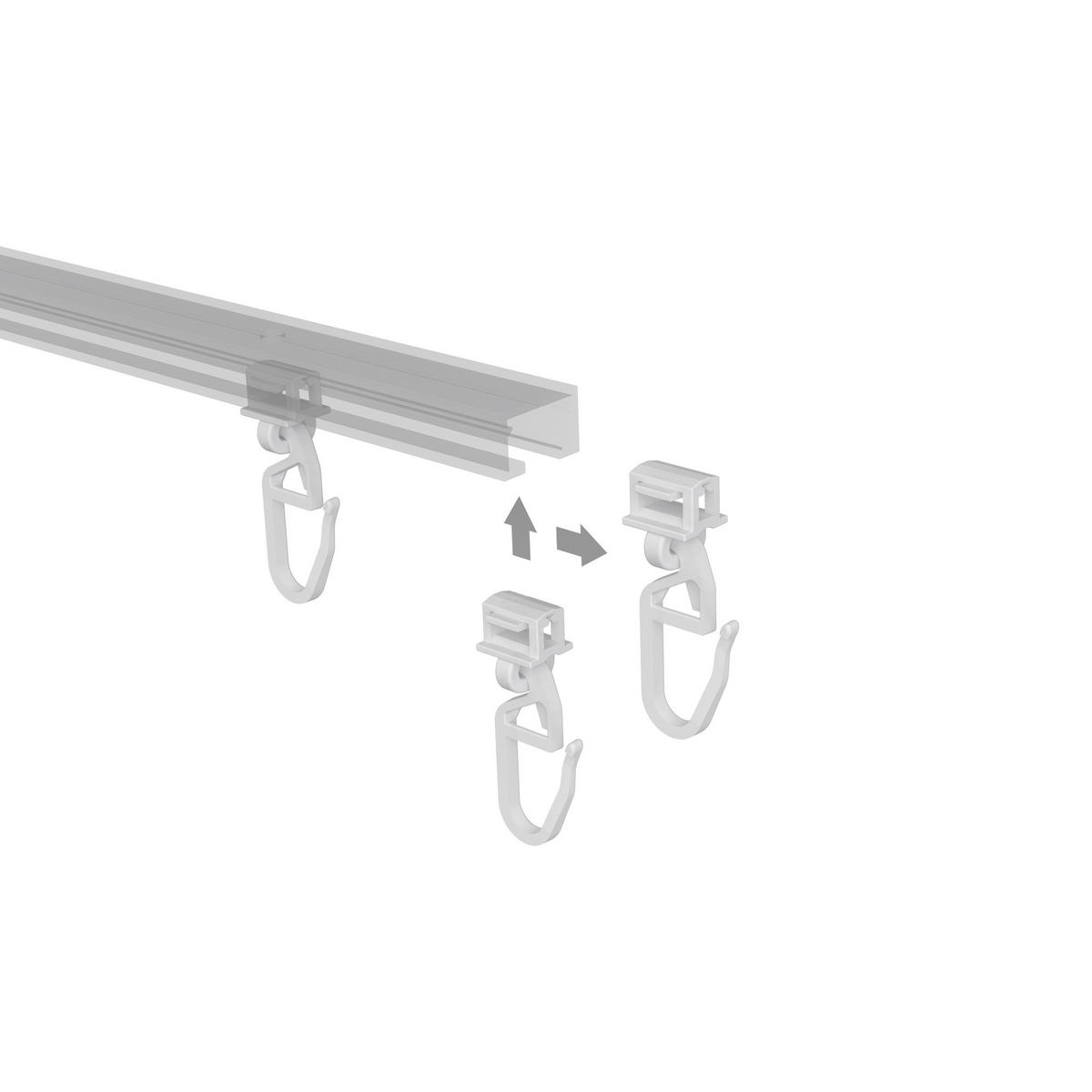 KLICKGLEITER KLICKI MIT FALTENHAKEN für Innenläufe / Gardinenschienen mit Nutbreite 5,2 bis 5,6 mm, Packung 100 Stück - Weiß, Kunststoff (1.1/3.4/1cm) - INTERDECO