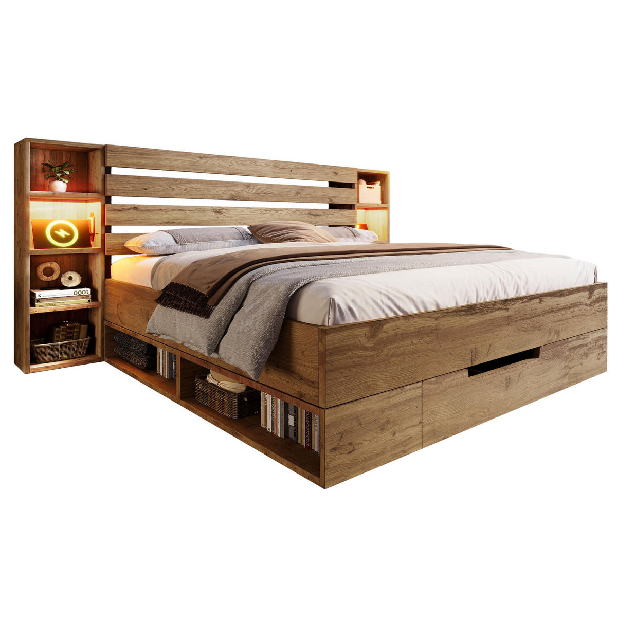 POLSTERBETT 160/200 cm in Eiche mit LED-Beleuchtung, Stauraum und USB- und Type-C-Anschlüssen - Eichefarben, Metall (160/200cm) - Flora Grace