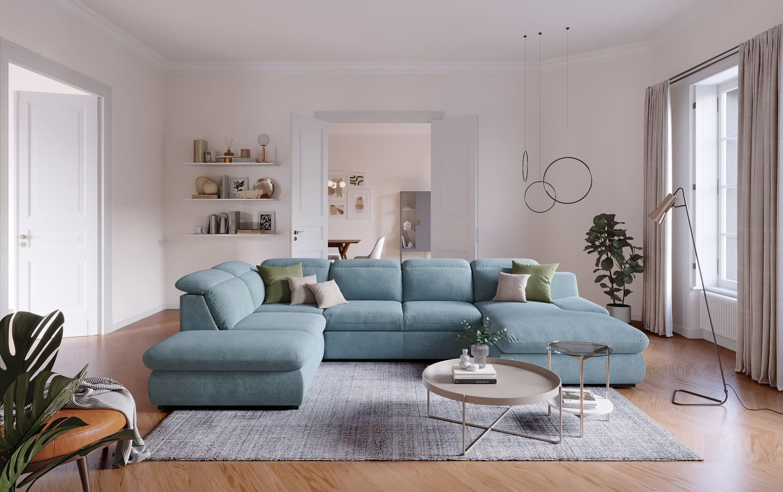 WOHNLANDSCHAFT mit Schlaffunktion und Bettkasten, verstellbare Kopflehnen - Türkis/Schwarz, Kunststoff/Textil (341/80/218cm) - Cotta