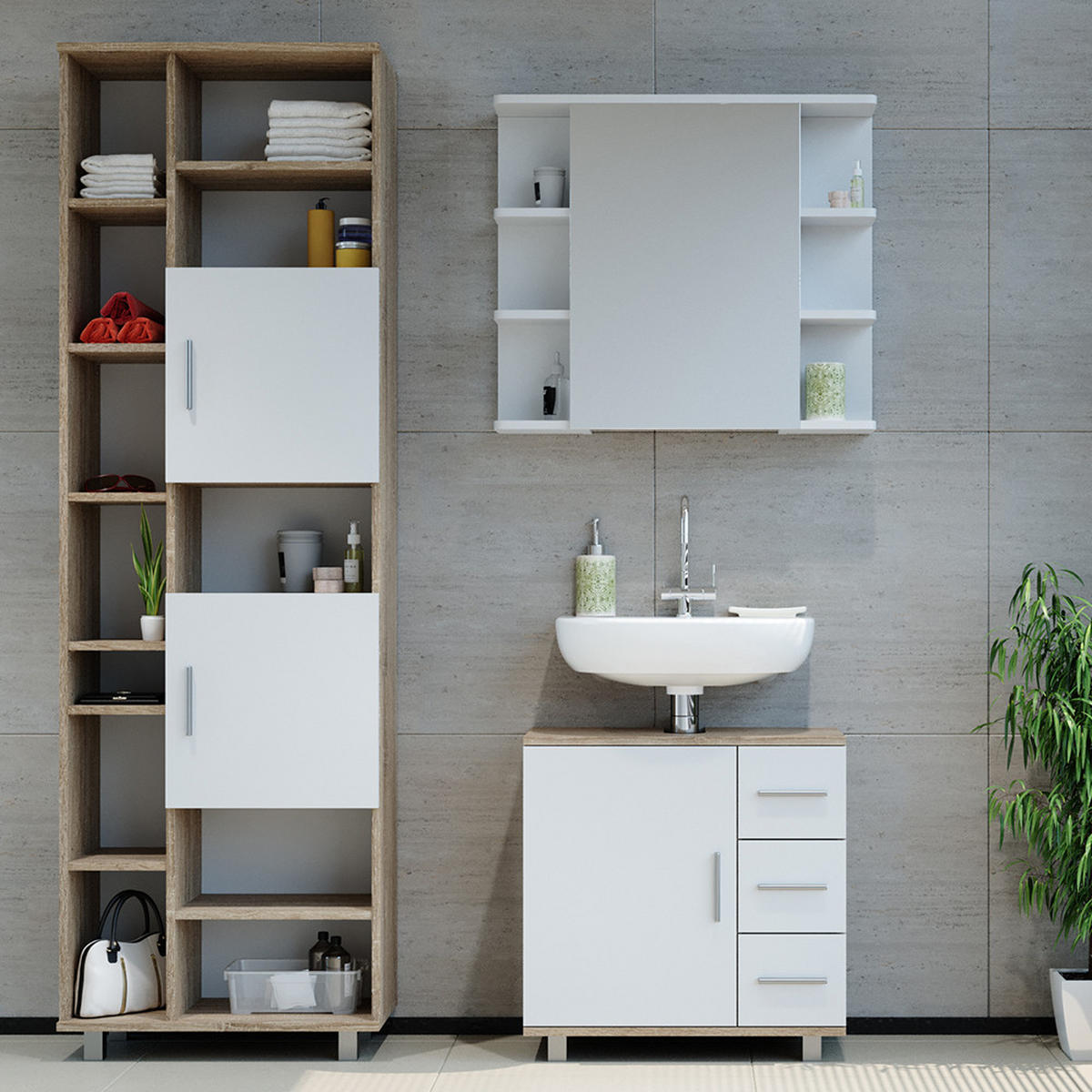 BADMÖBEL-SET Ilias Sonoma 3 Teile, mit Hochschrank - Weiß/Sonoma Eiche, Holzwerkstoff (60/60.8/33cm) - Vicco