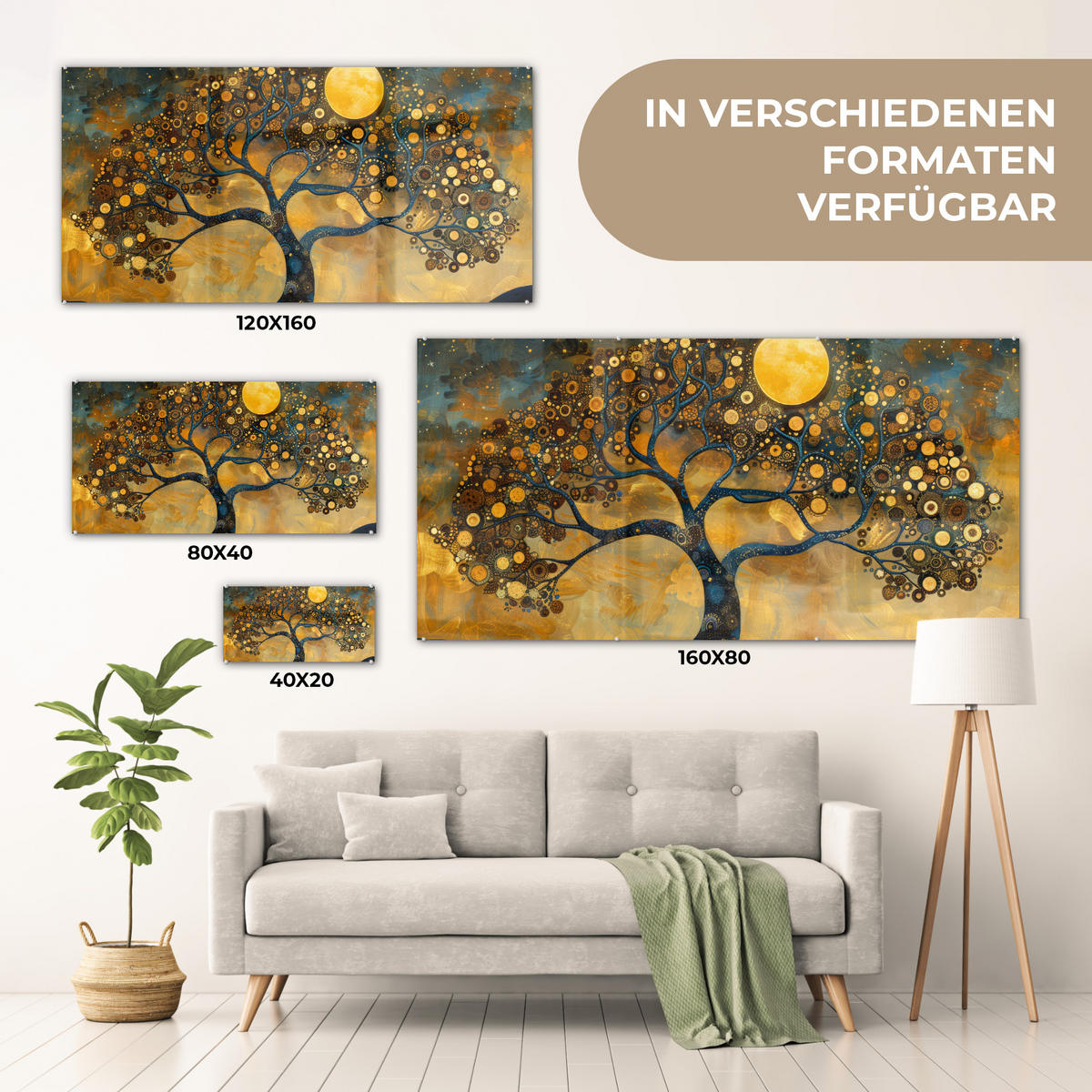 ACRYLGLASBILD Baum - Mond - Blumen - Gold - Kunst 120x60 cm - Orange, Glas (120/60cm) - MuchoWow